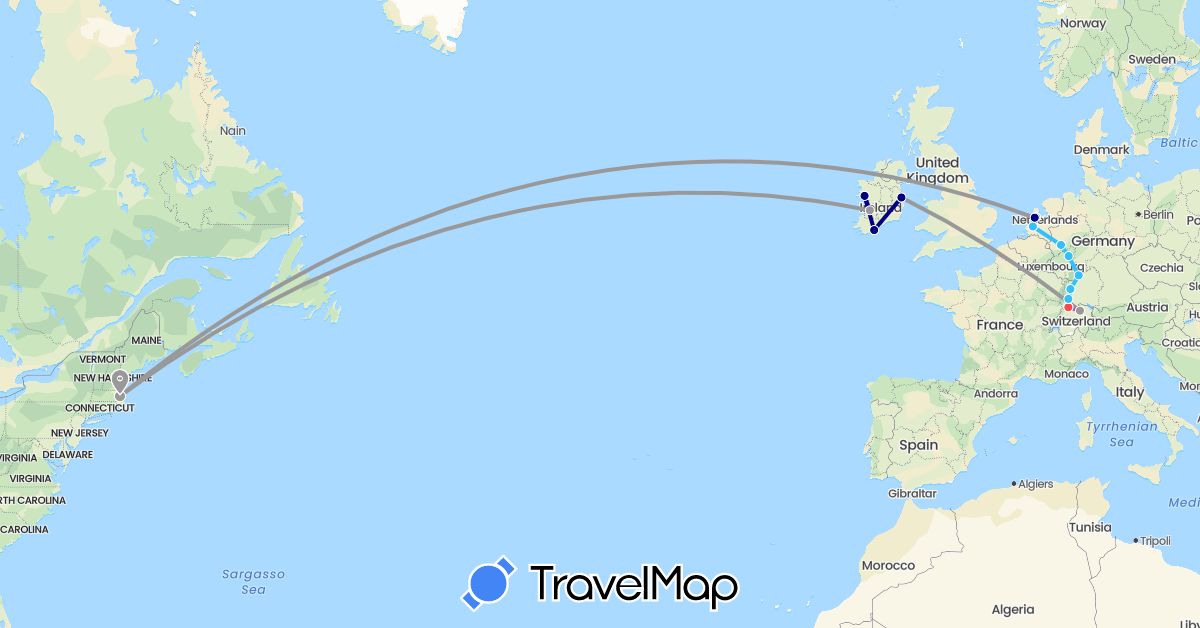 TravelMap itinerary: driving, plane, train, hiking, boat in Switzerland, Germany, France, Ireland, Netherlands, United States (Europe, North America)